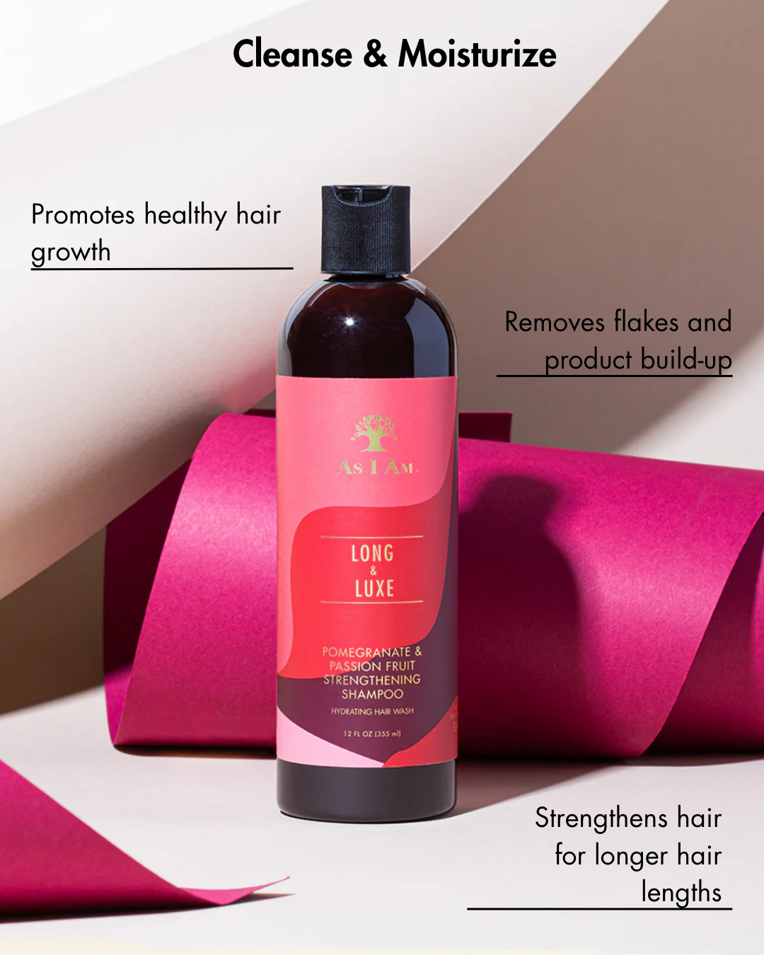 Shampoo bottle with pink label on a geometric background