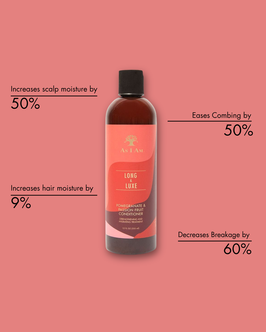 Bottle of As i am Long & Luxe conditioner with product benefits on a pink background