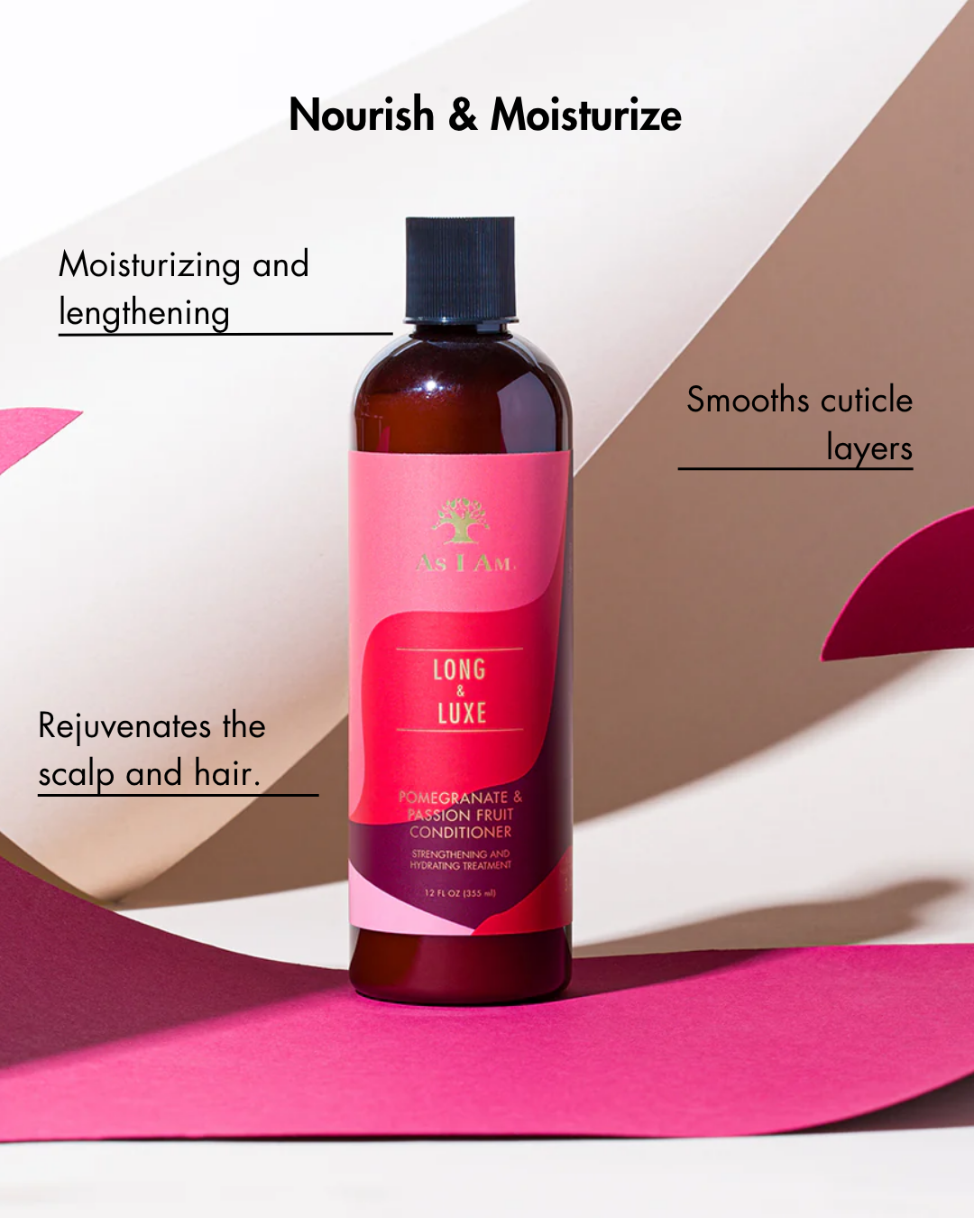 Bottle of hair conditioner with pink label on a geometric background