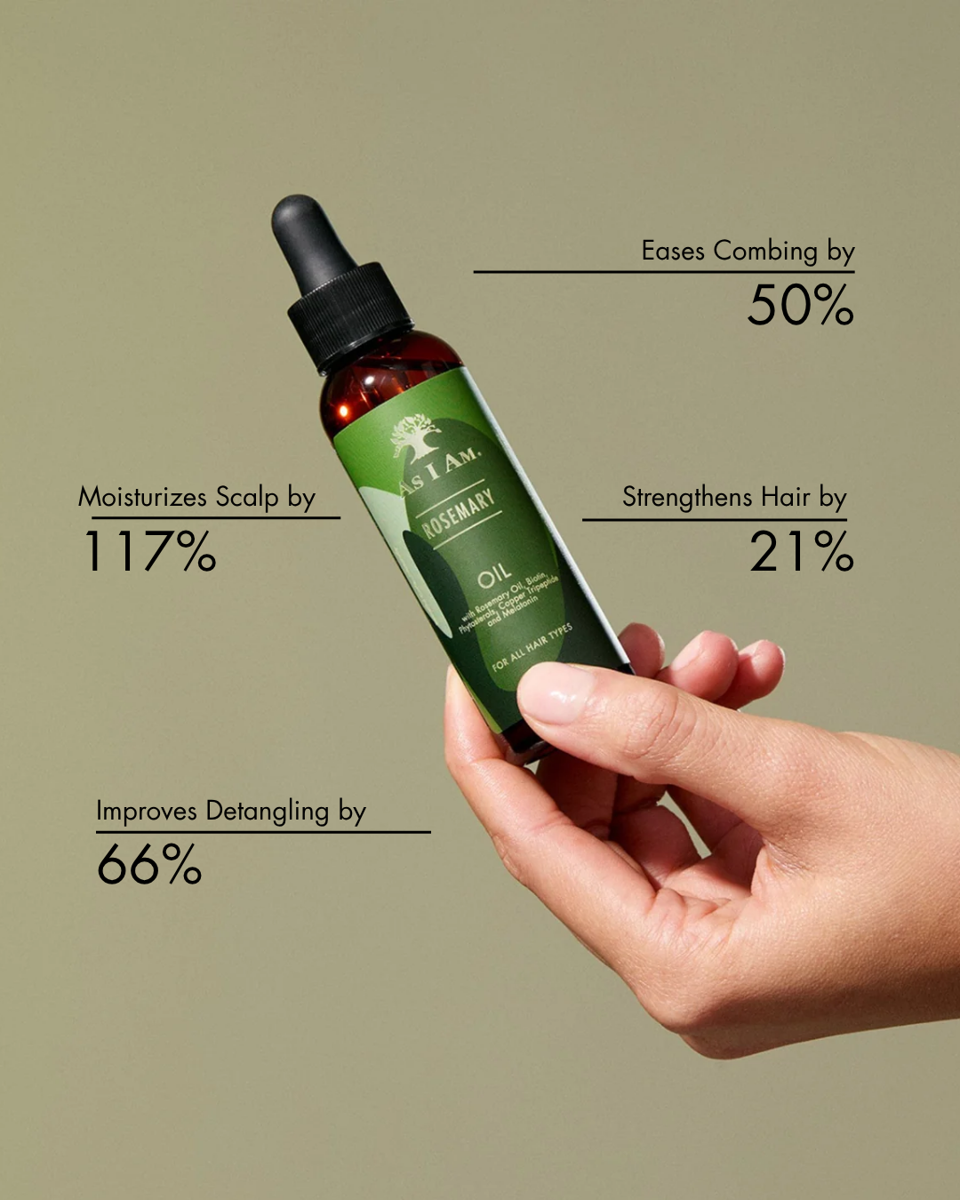 Hand holding a bottle of green hair oil with text on benefits against a beige background