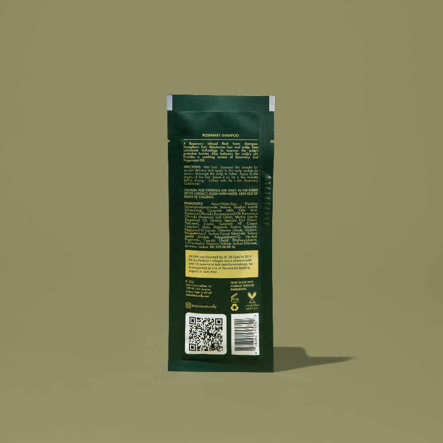 AS I AM Rosemary Shampoo in a 1 oz sachet, with a lightweight texture—formulated to invigorate the scalp, promote hair growth and gently cleanse while strengthening hair and preventing breakage.