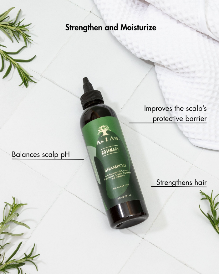 As I Am Rosemary Shampoo bottle with text highlighting benefits on a white background
