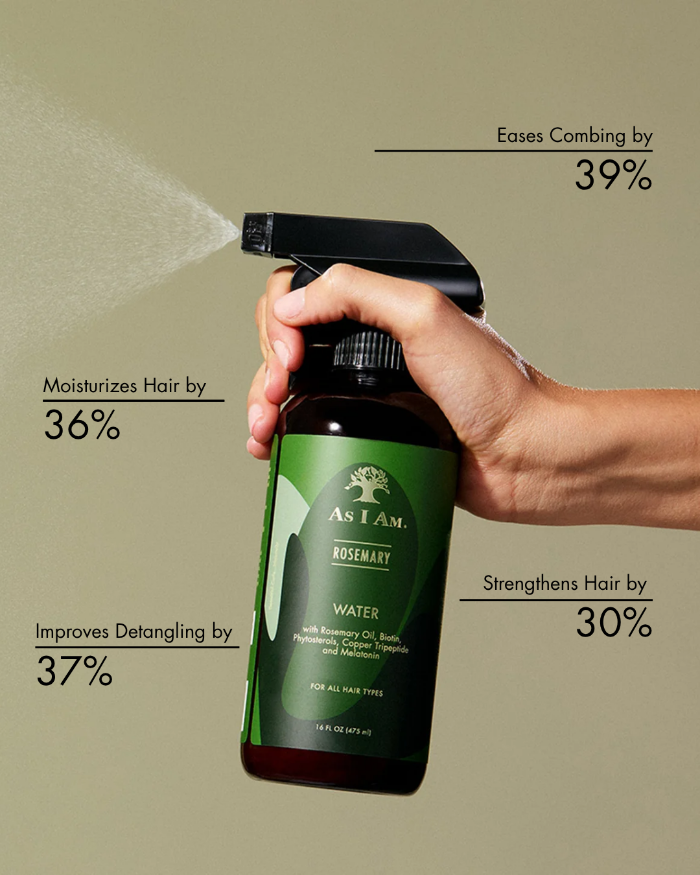 Hand holding a green bottle of As I Am hair product with text on benefits against a beige background
