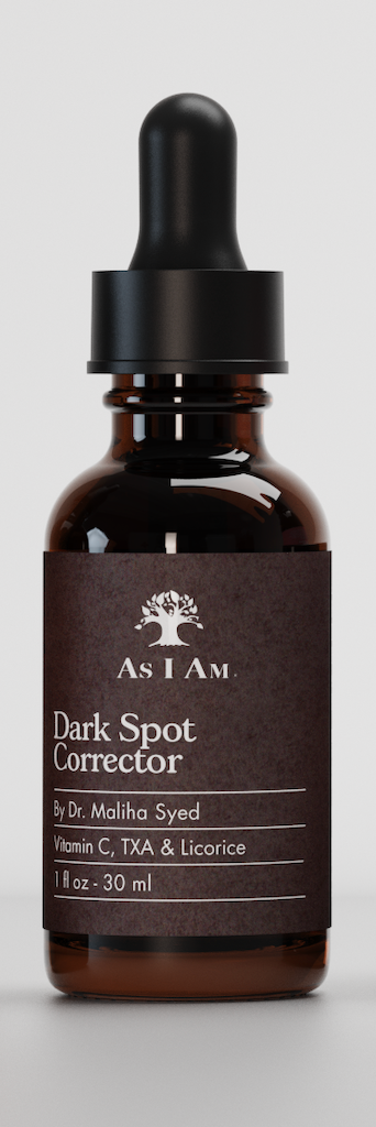 Dark spot corrector bottle with dropper labeled 'As I Am' on a gray background