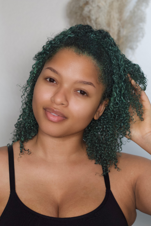 Curl Color in Jade Green by As I Am, a vibrant temporary hair color with a glittery finish for curly and coily hair.