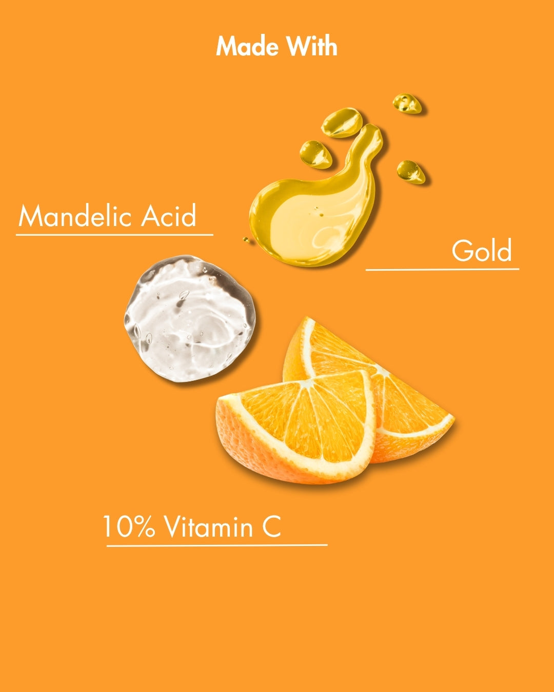 Product ingredients on an orange background with mandelic acid, gold, and vitamin C.