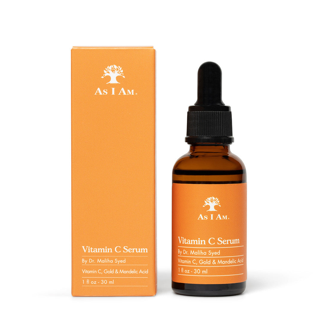 Vitamin C serum bottle and packaging with 'As I Am' branding on a white background