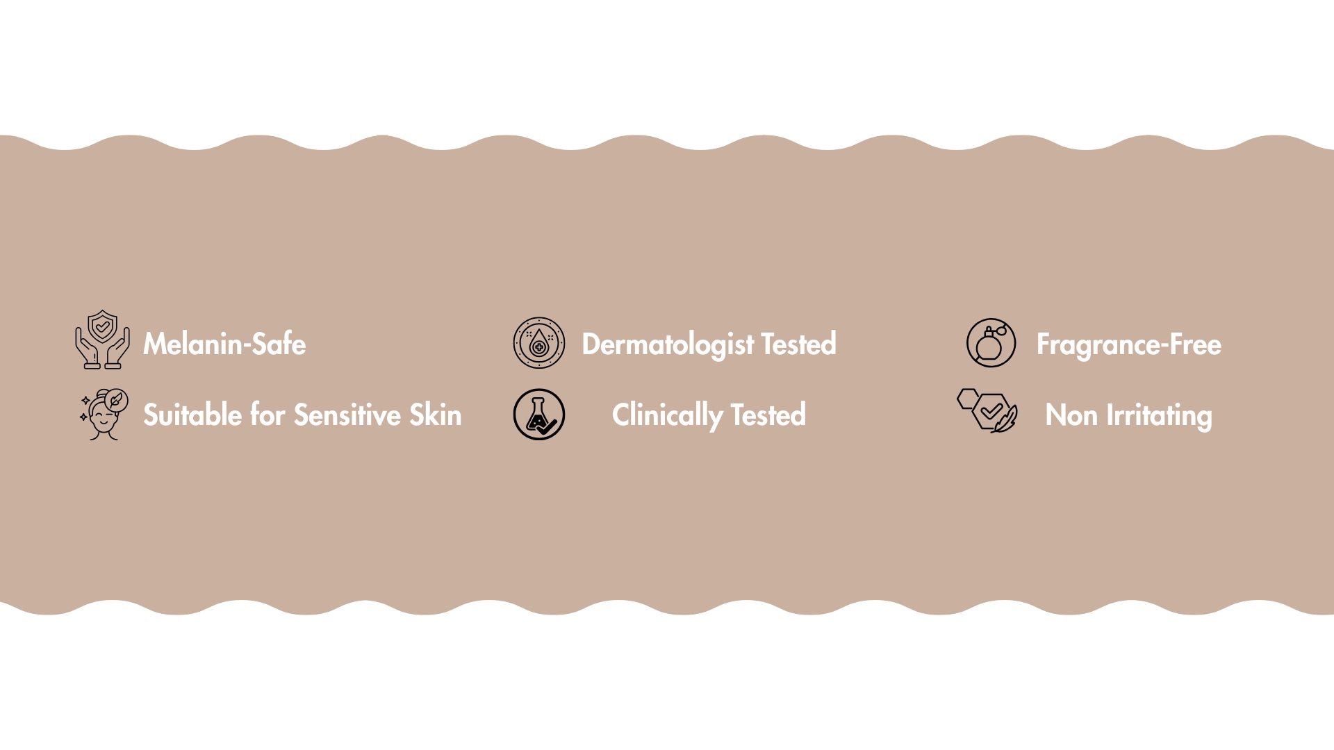 Product label with safety and suitability icons on a beige background