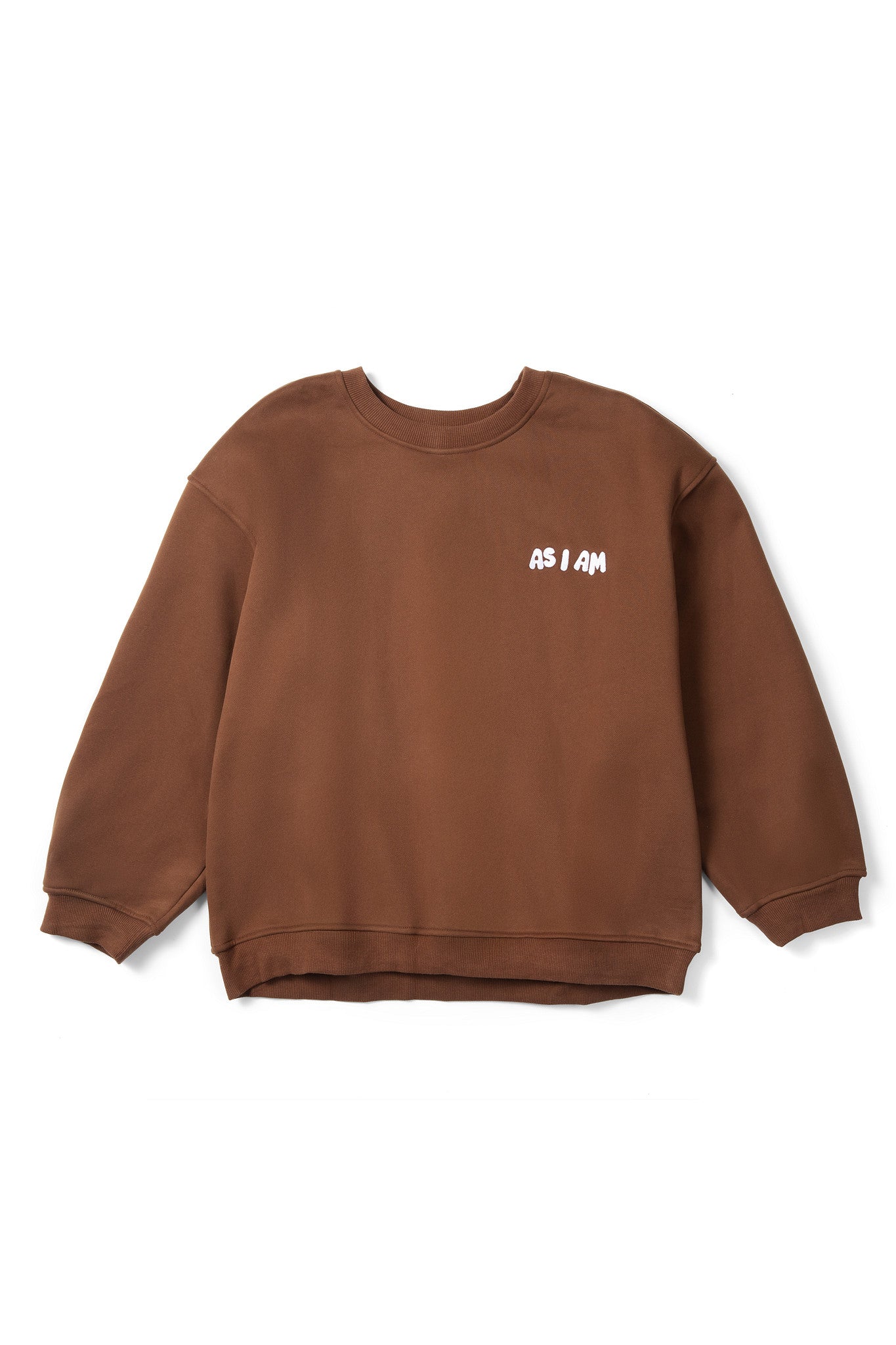 Brown sweatshirt with white "AS I AM" on a white background