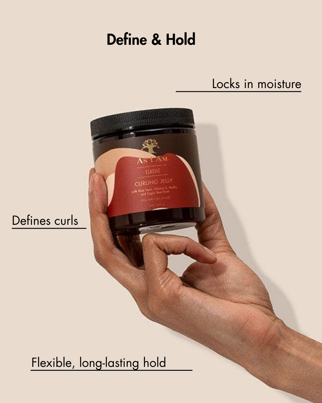 Hand holding a jar of hair product with text describing its features on a beige background
