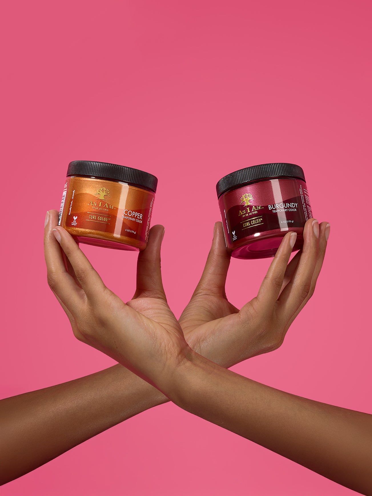 As I Am Curl Color 2-pack kit featuring Copper and Burgundy shades, shown in sleek, vibrant jars designed for temporary color and curl definition without damage.