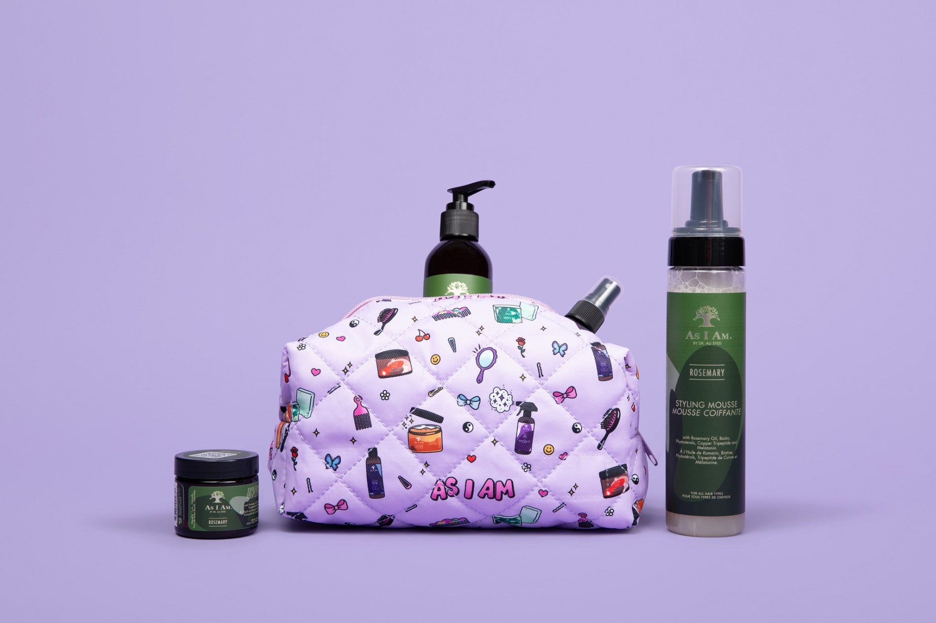 As I Am cosmetic bag with the rosemary collection — landscape image showcasing a soft, zippered pouch designed for storing hair care essentials with a stylish, minimal look.