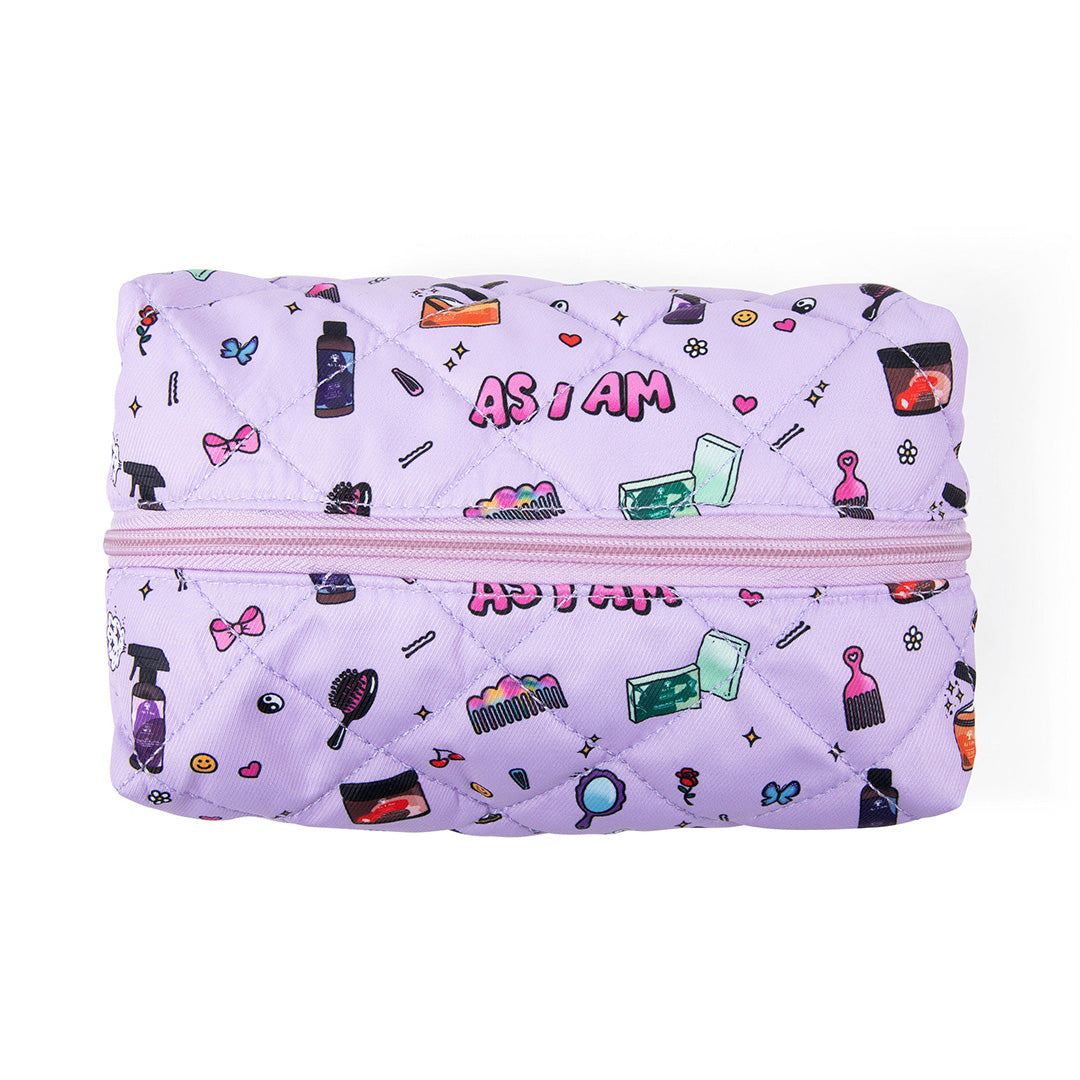 As I Am cosmetic bag — upright view highlighting the structured shape, texture, and zip closure, ideal for organizing beauty or hair care products on the go.