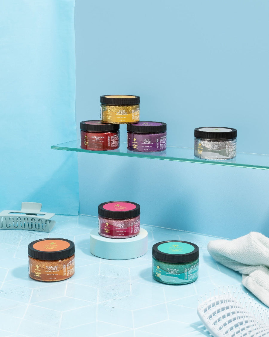 Curl Color Glitter Collection by As I Am, featuring vibrant temporary hair colors with a glittery finish.