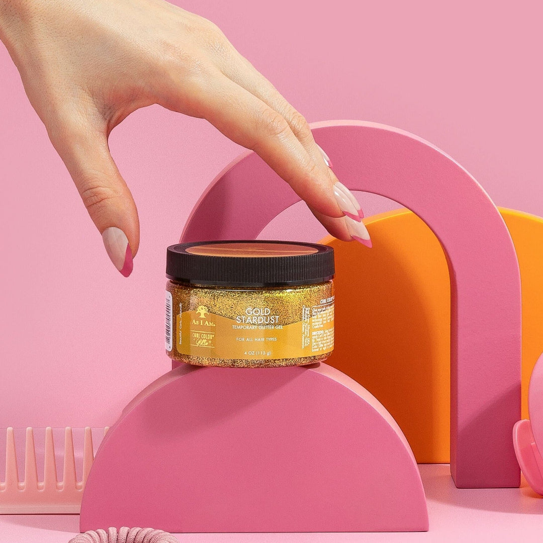 As I Am Curl Color Glitter Collection, featuring vibrant, temporary hair colors with a shimmering finish designed for curls and coils.