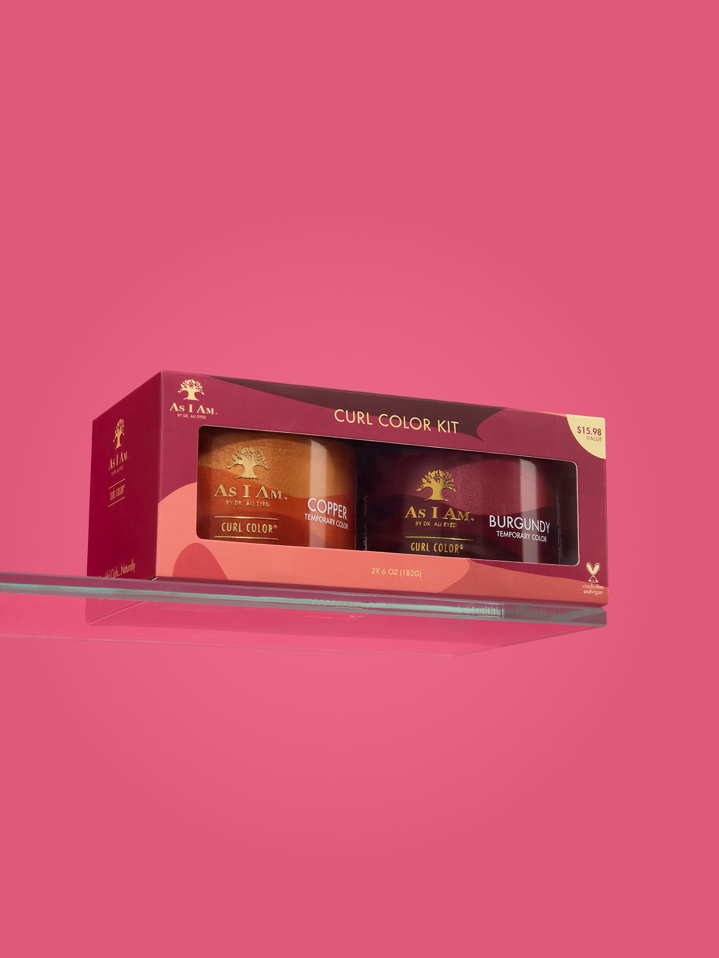 As I Am Curl Color 2-pack kit featuring Copper and Burgundy shades, shown in sleek, vibrant jars designed for temporary color and curl definition without damage.