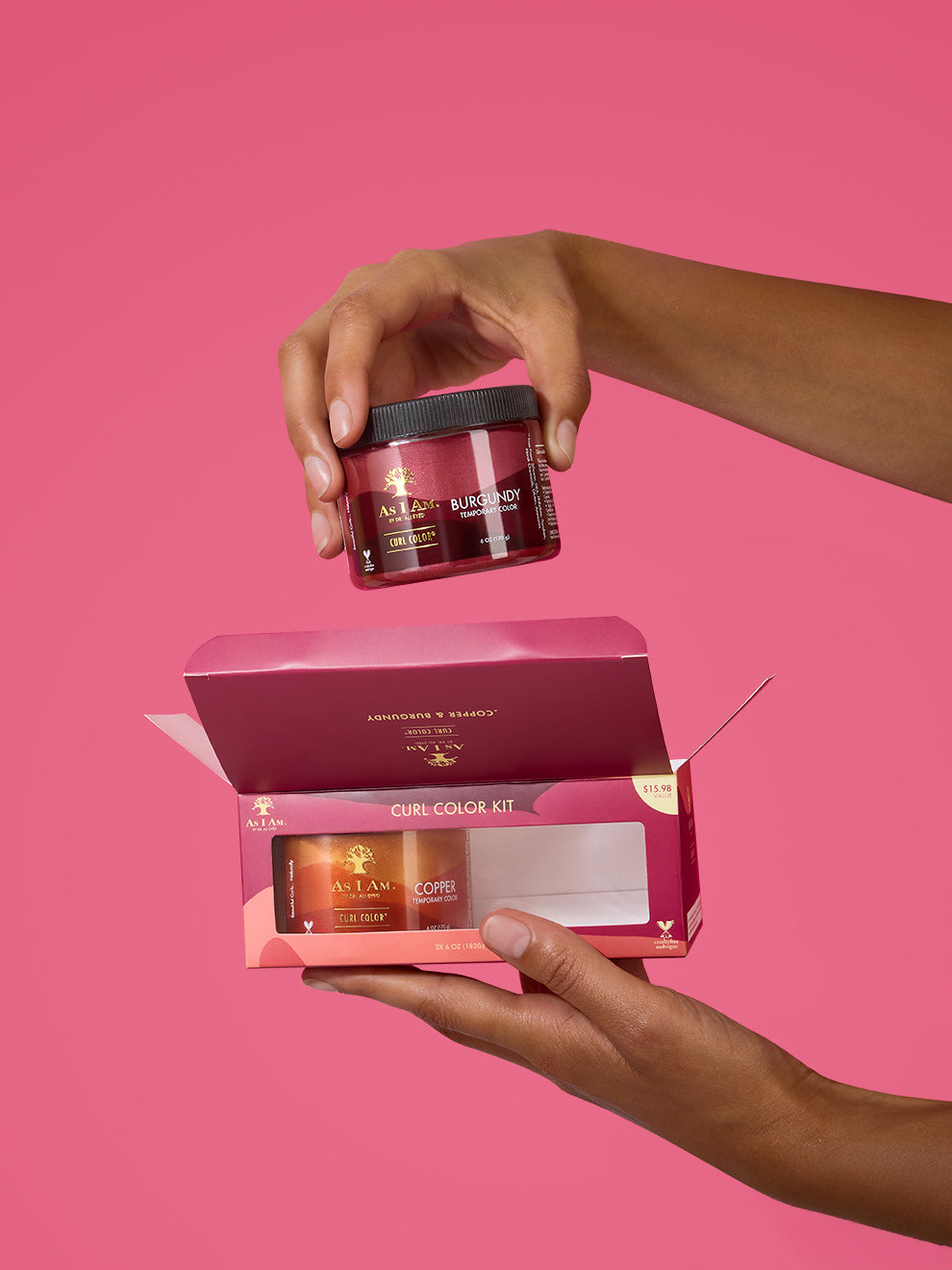 As I Am Curl Color 2-pack kit featuring Copper and Burgundy shades, shown in sleek, vibrant jars designed for temporary color and curl definition without damage.