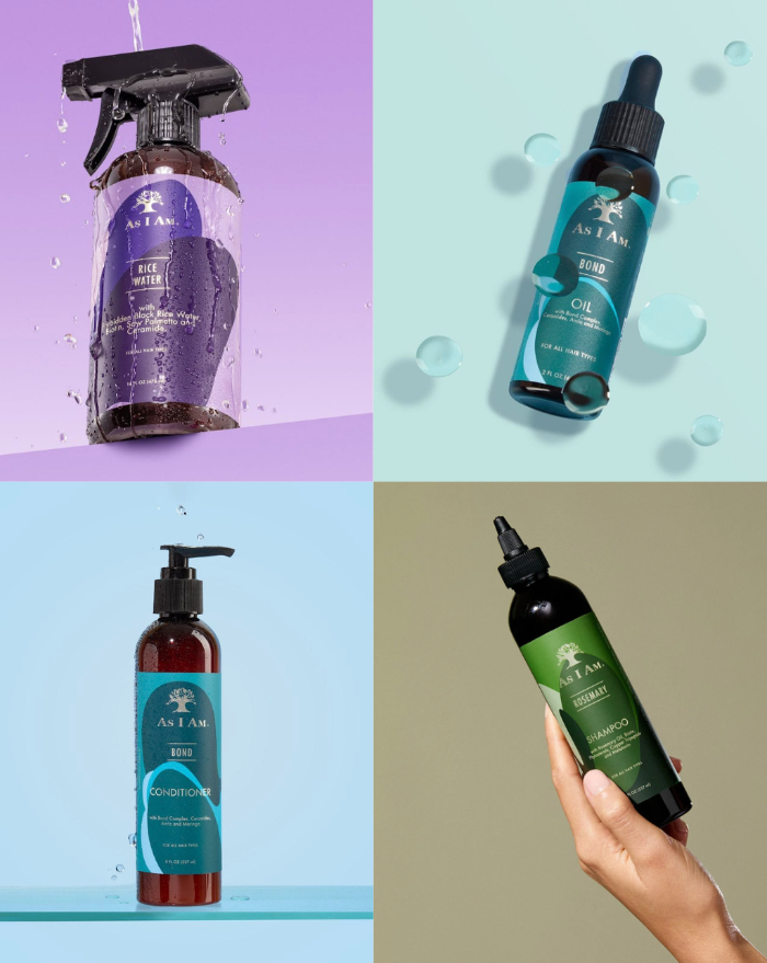 Quatre flacons différents de produits capillaires avec une marque visible sur un fond coloré.