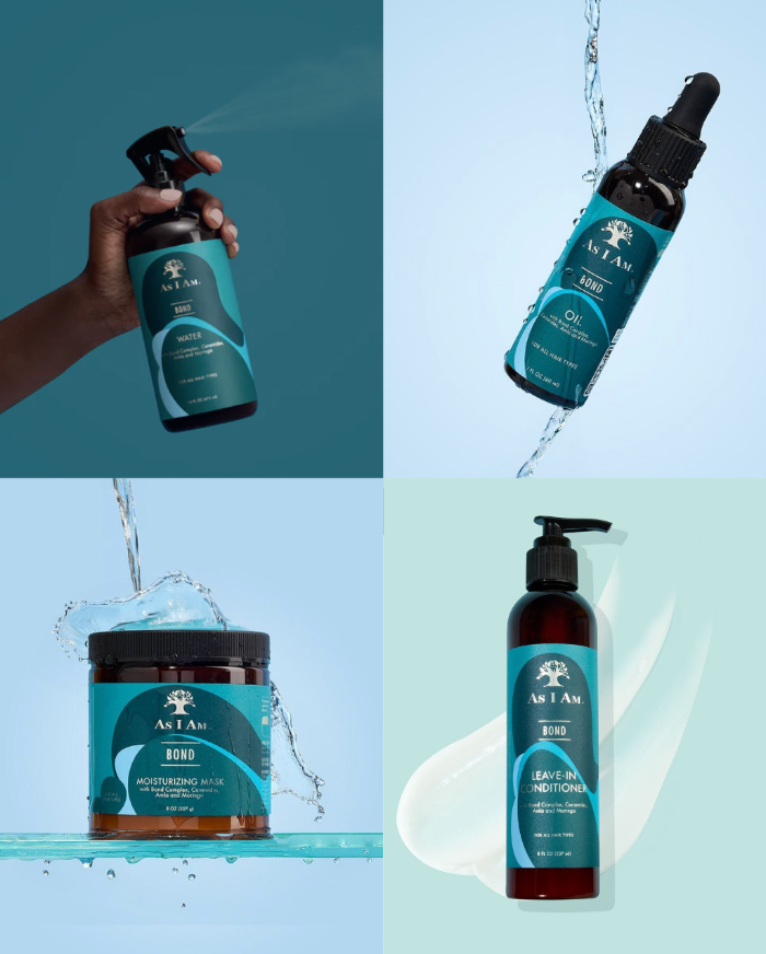 Collection de produits capillaires « As I Am » comprenant un spray, une huile, un baume et un après-shampooing sans rinçage, avec des gouttelettes et des éclaboussures d'eau.