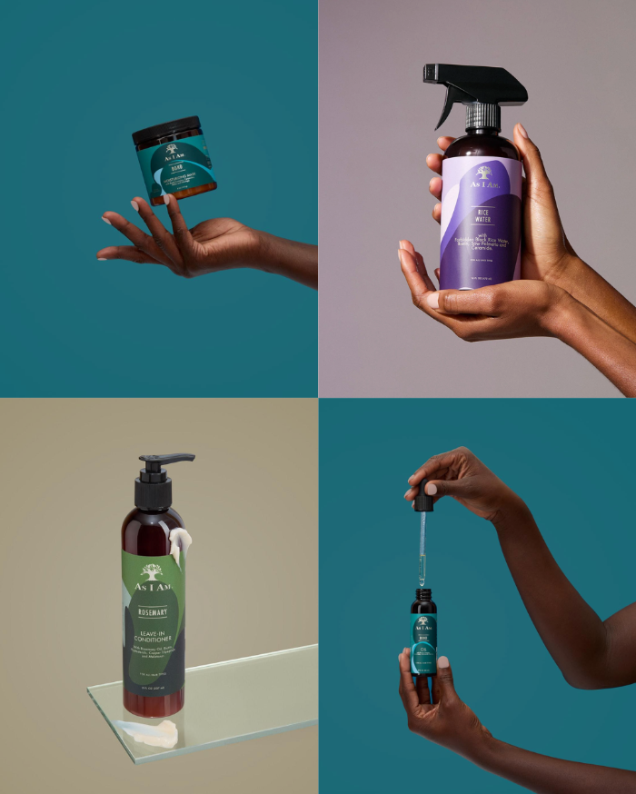 Collage de mains tenant divers produits « as i am » sur des fonds de différentes couleurs.