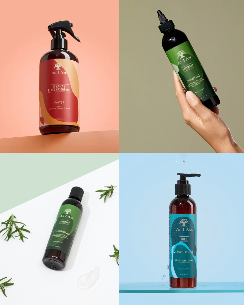 Quatre bouteilles différentes de produits as i am sur un fond coloré