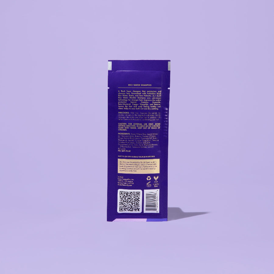 AS I AM Rice Water Shampoo in a 1 oz sachet, featuring a silky, pearly liquid texture—gently cleanses the scalp and hair while promoting hair growth, preventing hair loss, and reducing breakage for stronger, healthier strands.