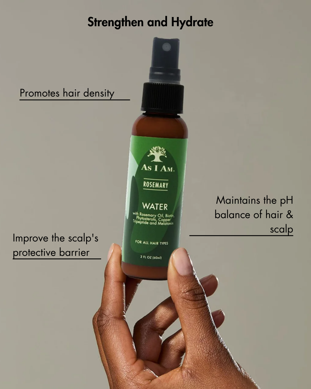 Hand holding a bottle of 'As I Am' rosemary water with text on benefits against a gray background
