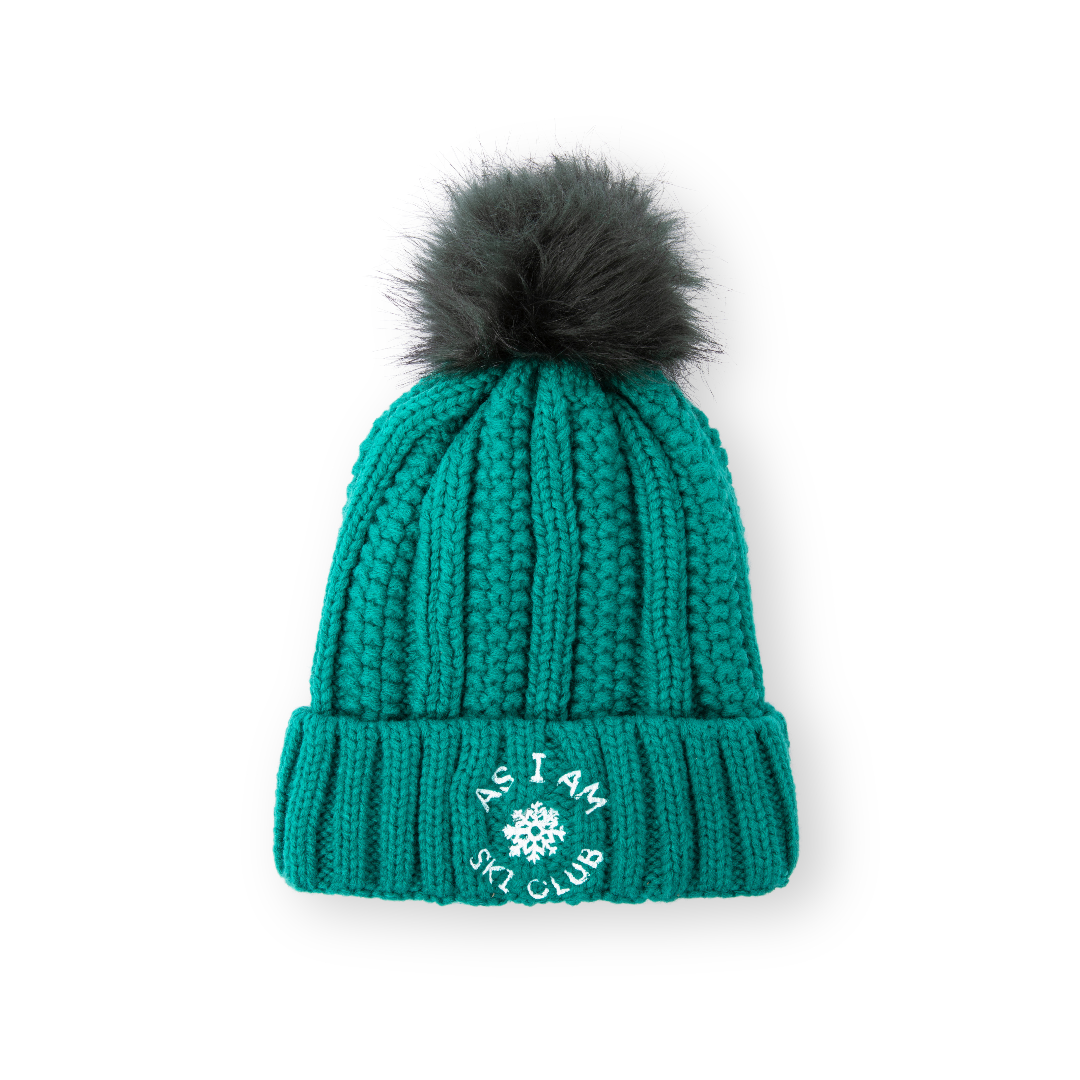 Ski Club Satin-Lined Beanie in Green, designed for warmth and hair protection with a smooth satin lining.