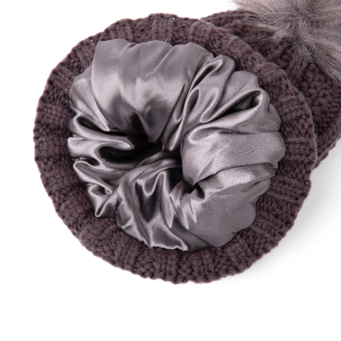 Ski Club Satin-Lined Beanie in Grey, designed for warmth and hair protection with a smooth satin lining