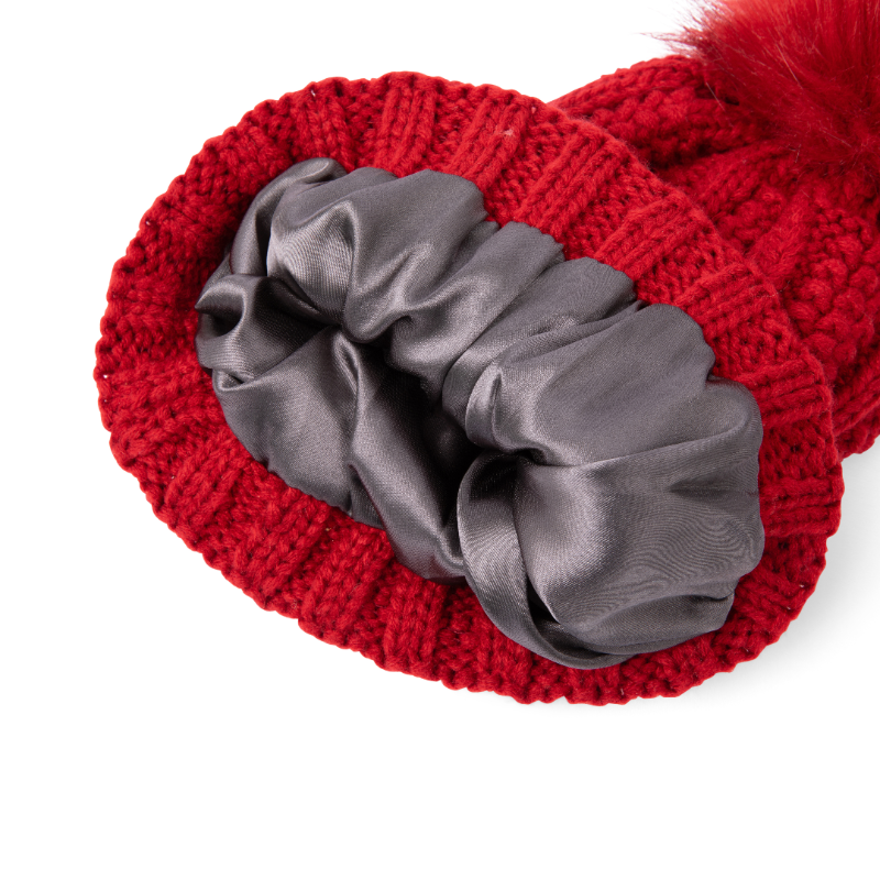 Ski Club Satin-Lined Beanie in Red, designed for warmth and hair protection with a smooth satin lining