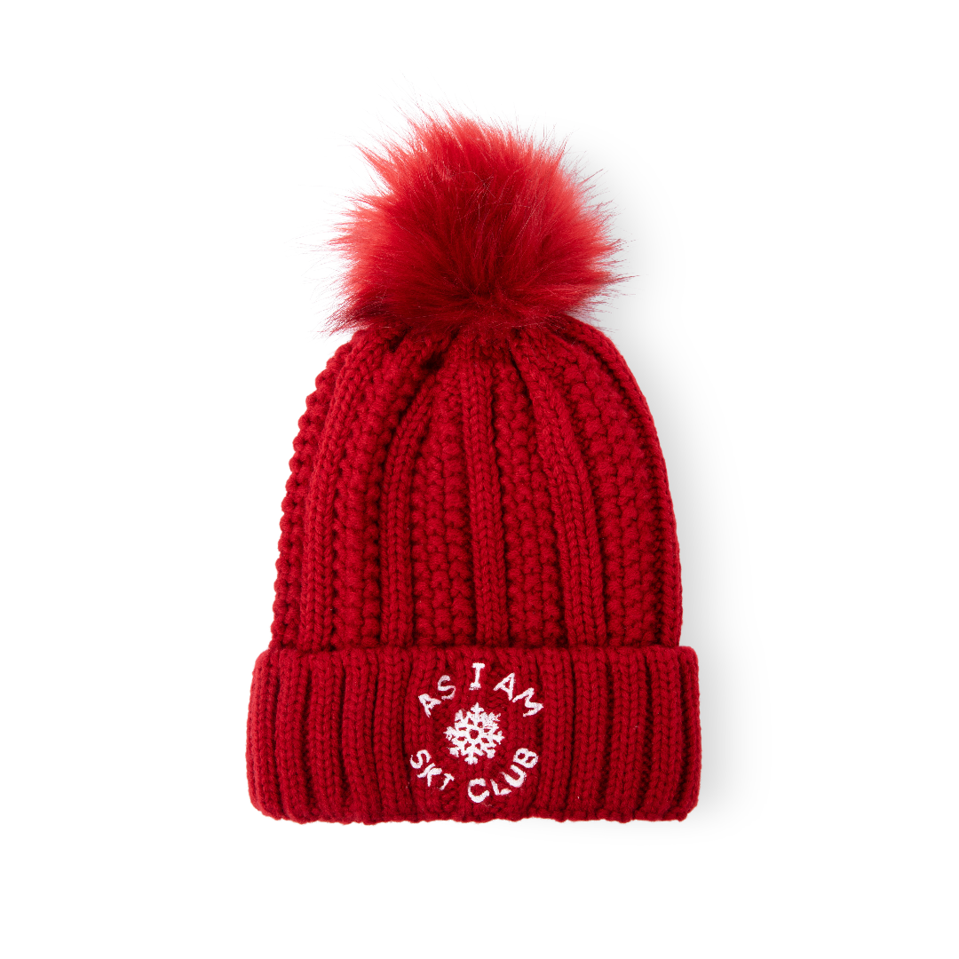 Ski Club Satin-Lined Beanie in Red, designed for warmth and hair protection with a smooth satin lining.