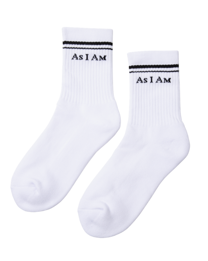 White socks with 'As I Am' text on a white background