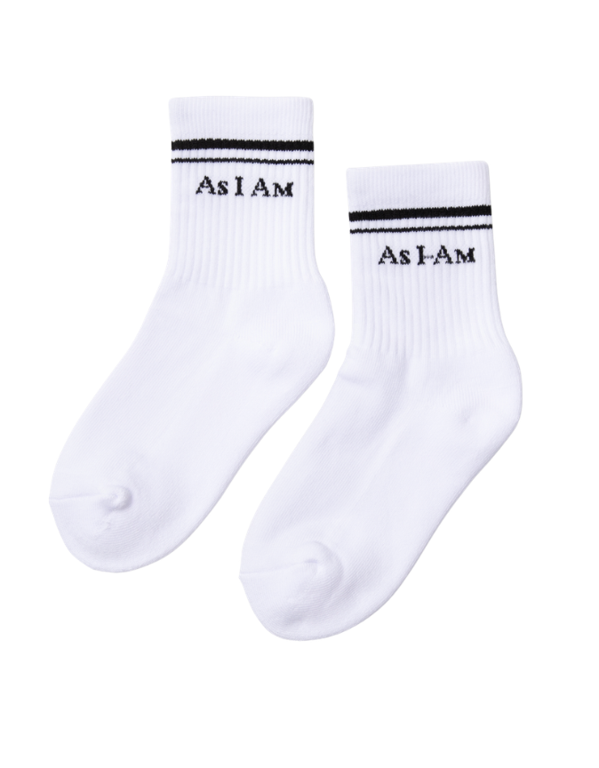 White socks with 'As I Am' text on a white background