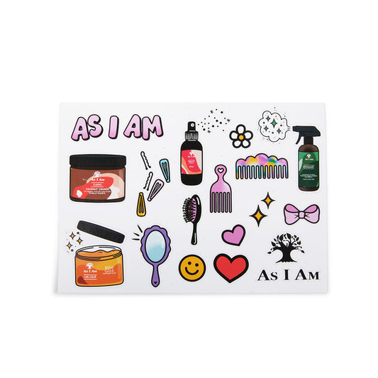 As I Am sticker sheet — square front-facing image displaying a full sheet of colorful, empowering stickers featuring curl-positive slogans and playful graphics celebrating natural hair culture.