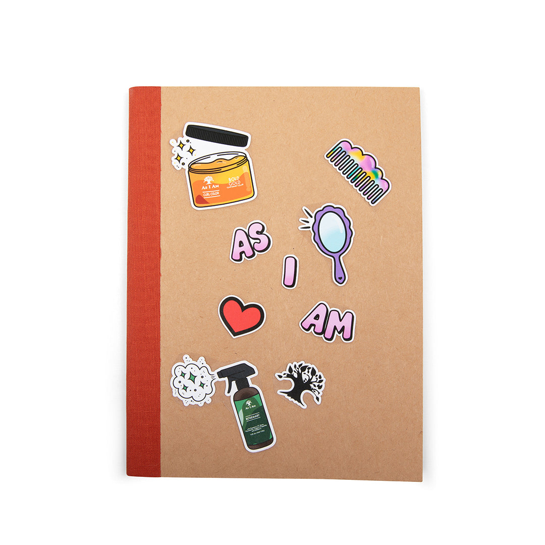 As I Am branded stickers on a notebook — square image featuring colorful, empowering designs that celebrate natural hair and self-expression, perfect for decorating personal items.