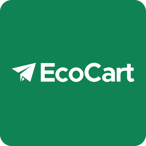 Das Bild zeigt einen grünen Hintergrund mit dem weißen Text „EcoCart” und einem grünen Flugzeugsymbol über dem Text.