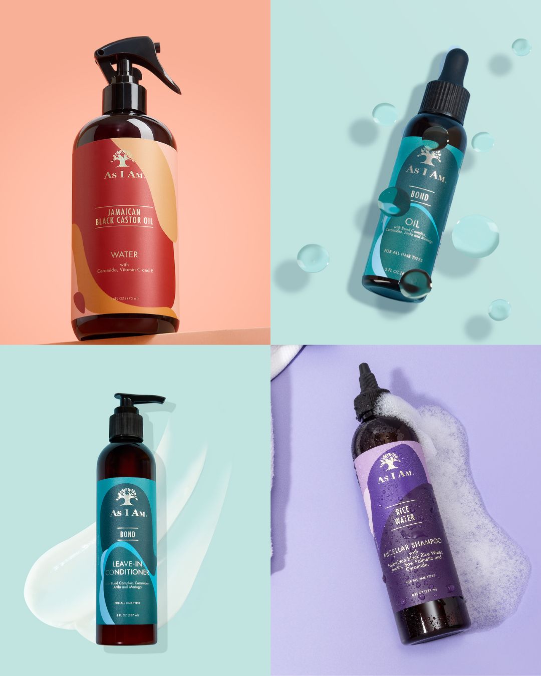 Ma routine capillaire pour cheveux de type 2C — vue de face de la collection de produits