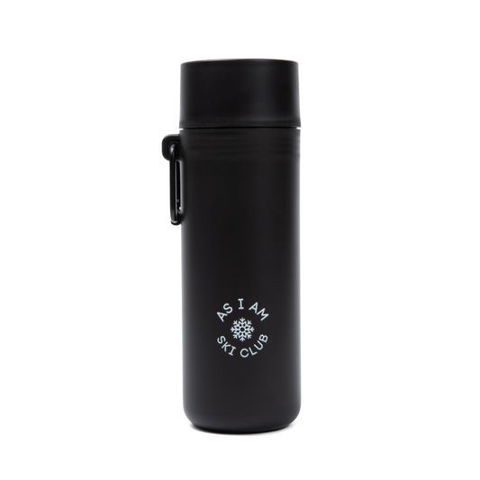 A black reusable water bottle with a dual open design and a clip handle, featuring the text 'AS I AM SKI CLUB' on the front.