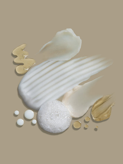 Various cosmetic textures on a beige background