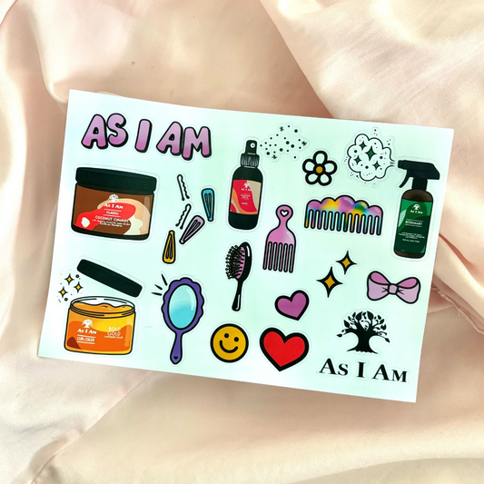 A set of colorful As I Am brand stickers featuring vibrant designs, playful slogans, and haircare-inspired graphics. Perfect for personalizing notebooks, laptops, water bottles, and more, celebrating natural hair and self-expression.