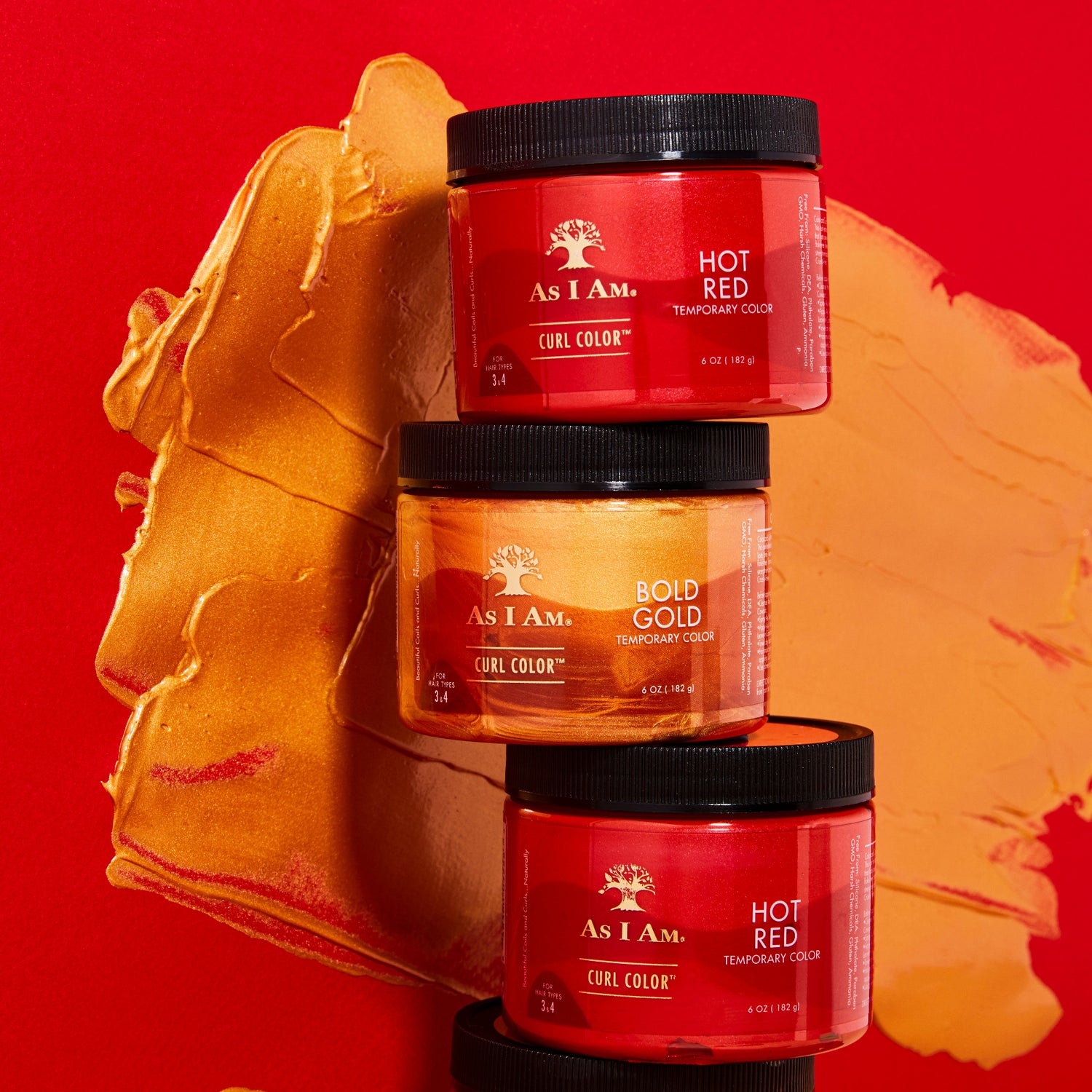 As I Am Curl Color in Hot Red and Bold Gold — two jars stacked to showcase vibrant temporary hair color gels that enhance curls with rich color, definition, and shine.