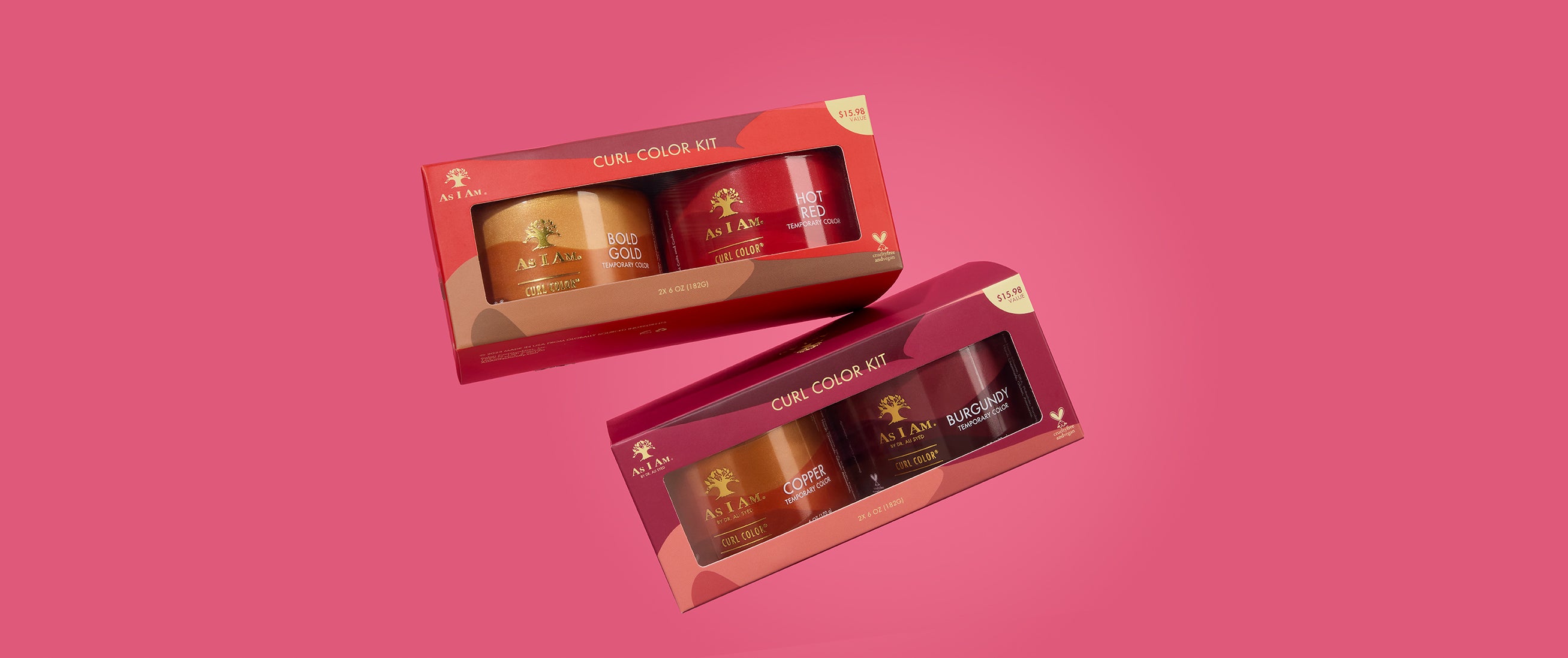 As I Am x Showy Curl Color Kit — front-facing landscape shot of the limited-edition curl-enhancing color gel sets, featuring bold shades and co-branded packaging for defined curls with vibrant shine.