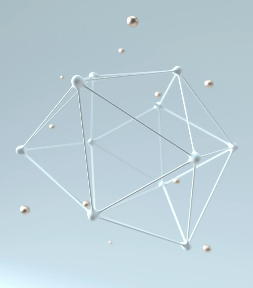 Geometric structure with white rods and silver spheres on a light blue background