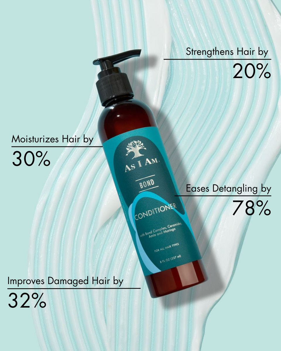 As I Am Bond Conditioner bottle with text highlighting hair benefits on a light blue background