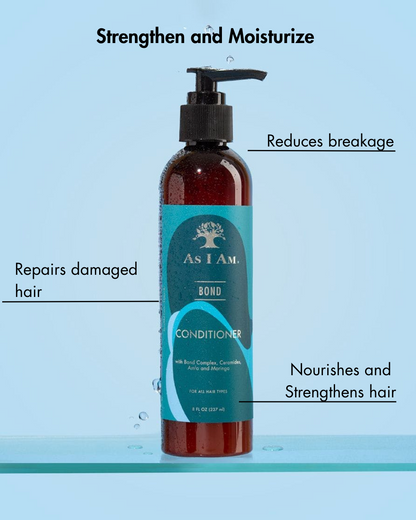 Bottle of 'As I Am' conditioner with text highlighting its benefits on a blue background