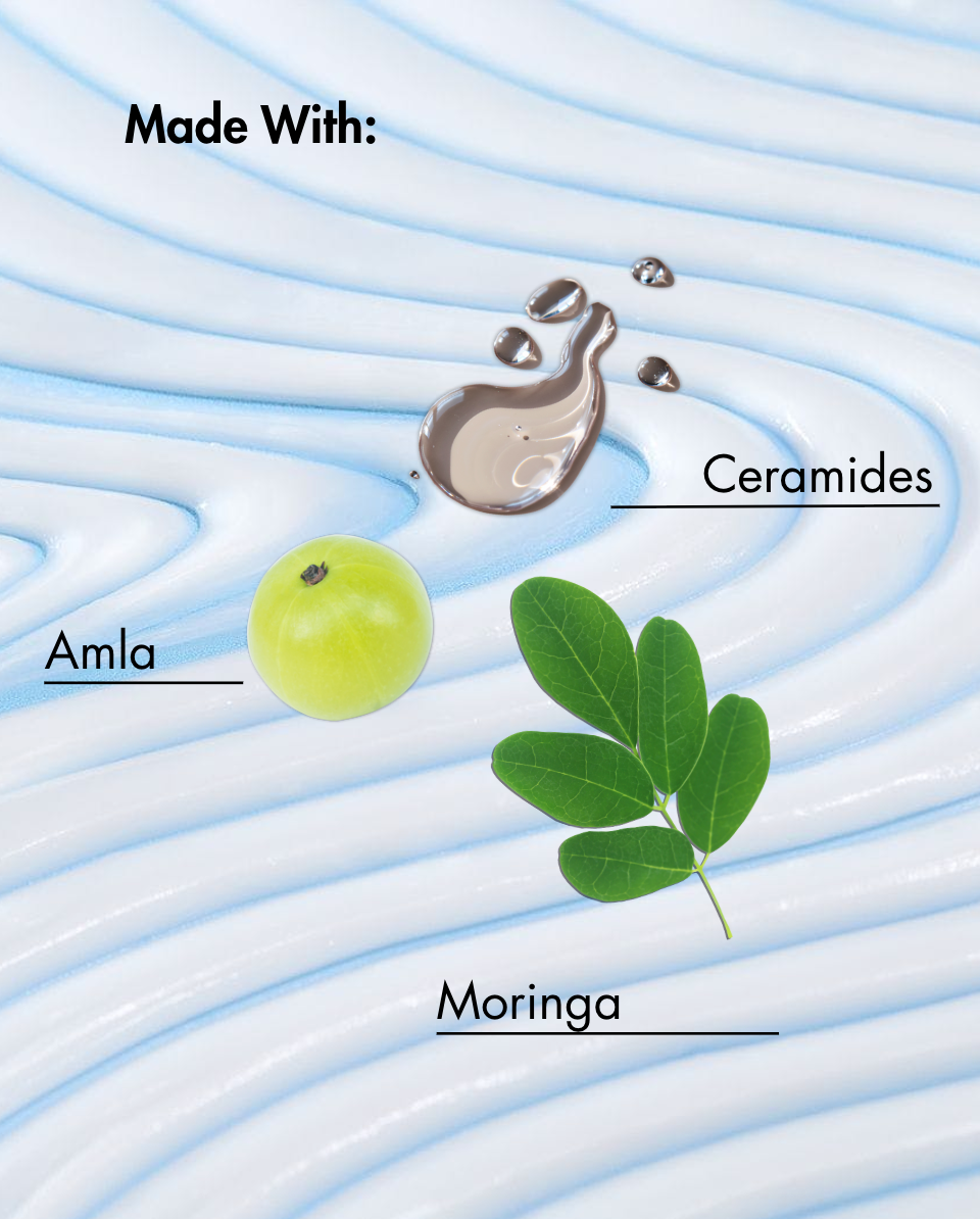 Diagram showing Amla, Moringa, and Ceramides on a wavy blue background.