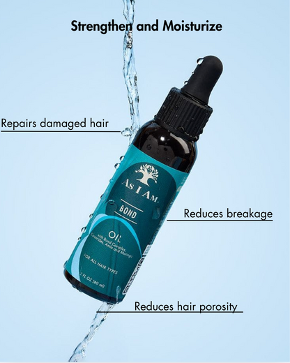 Bottle of hair oil with dropper labeled 'As I Am' on a light blue background