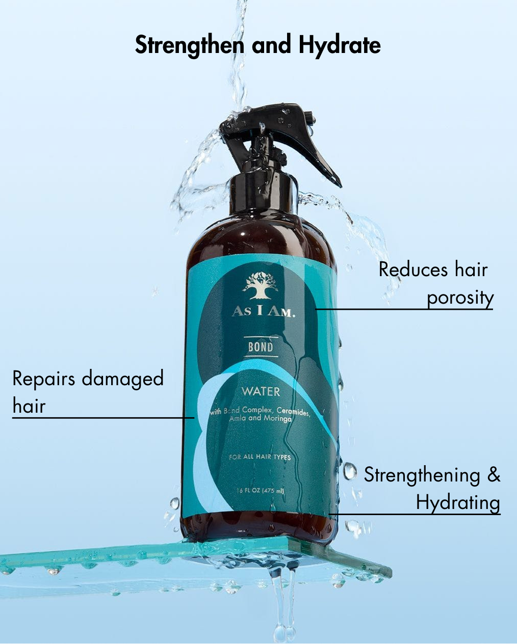 Bottle of As I am hair care product with water droplets and text highlighting benefits on a light blue background.