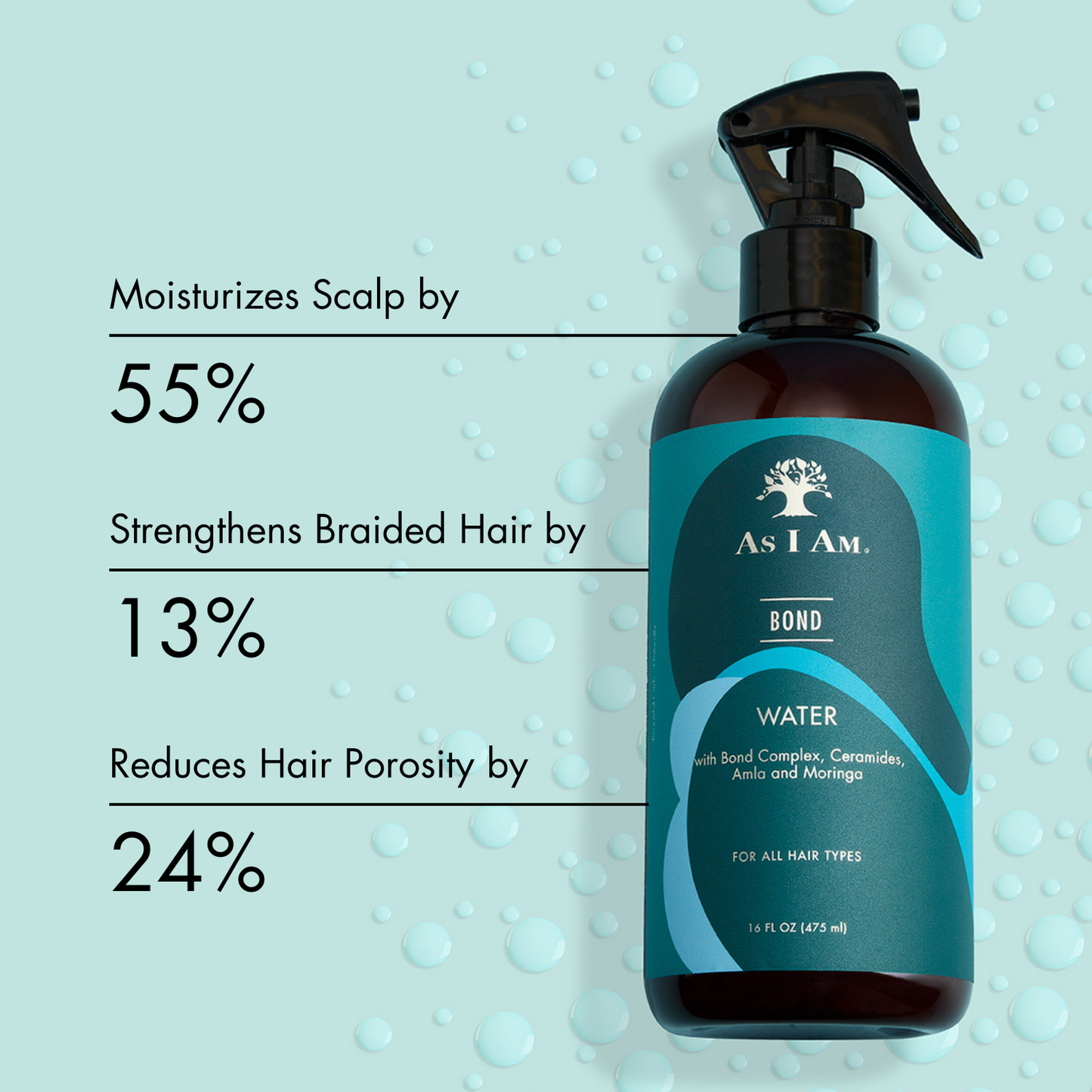 Bond Water by As I Am – A lightweight hair treatment that strengthens and hydrates. Formulated to improve hair elasticity, reduce breakage, and enhance moisture retention, this revitalizing mist is perfect for all hair types, providing smooth, healthy-looking hair.