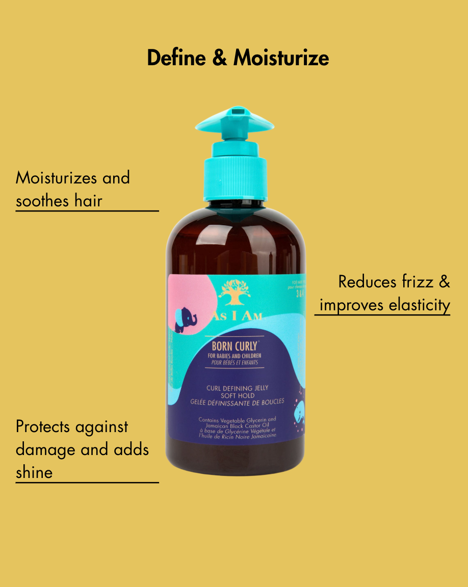 Hair care product bottle with text on a yellow background